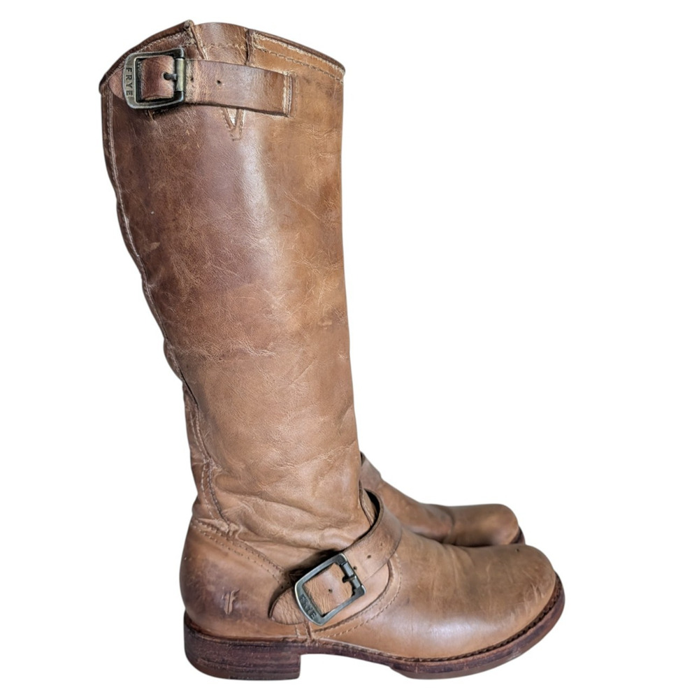 Frye Veronica Slouch Tan Brown Distressed Leather Knee High Boots Size 7.5 Moto